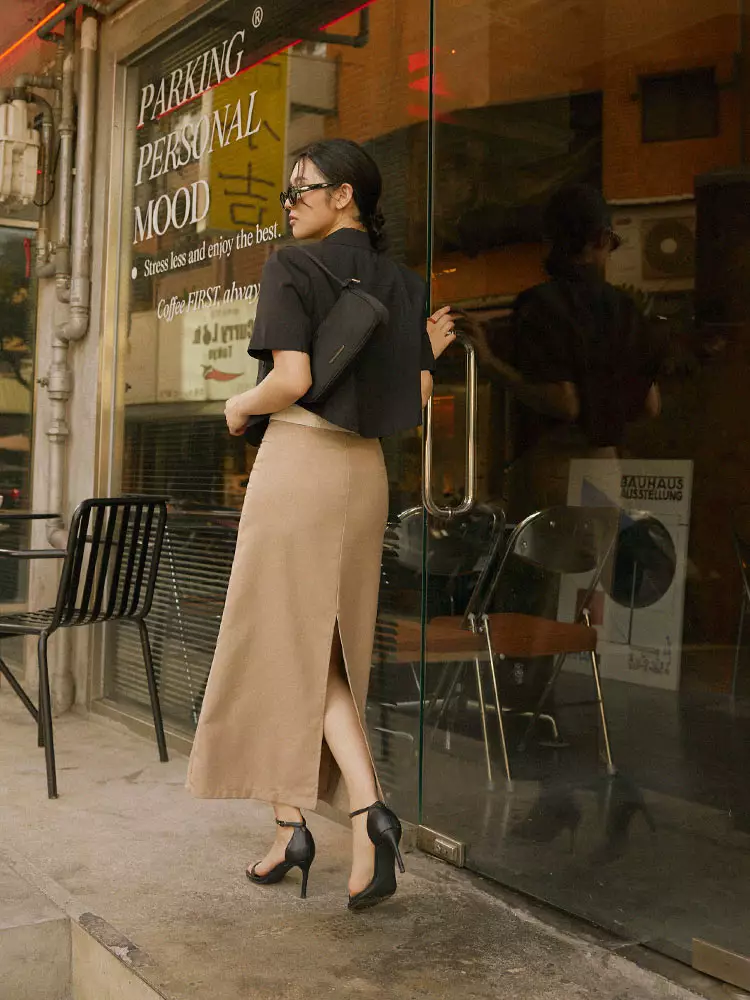 Cotton Solid Color Pocket Back Slit Straight Medium Long Skirt [CA2904]