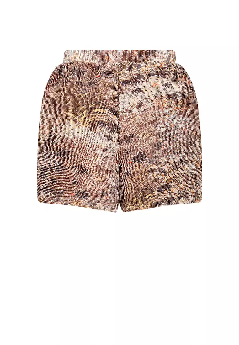 混纺图案元素阔腿卷边短裤