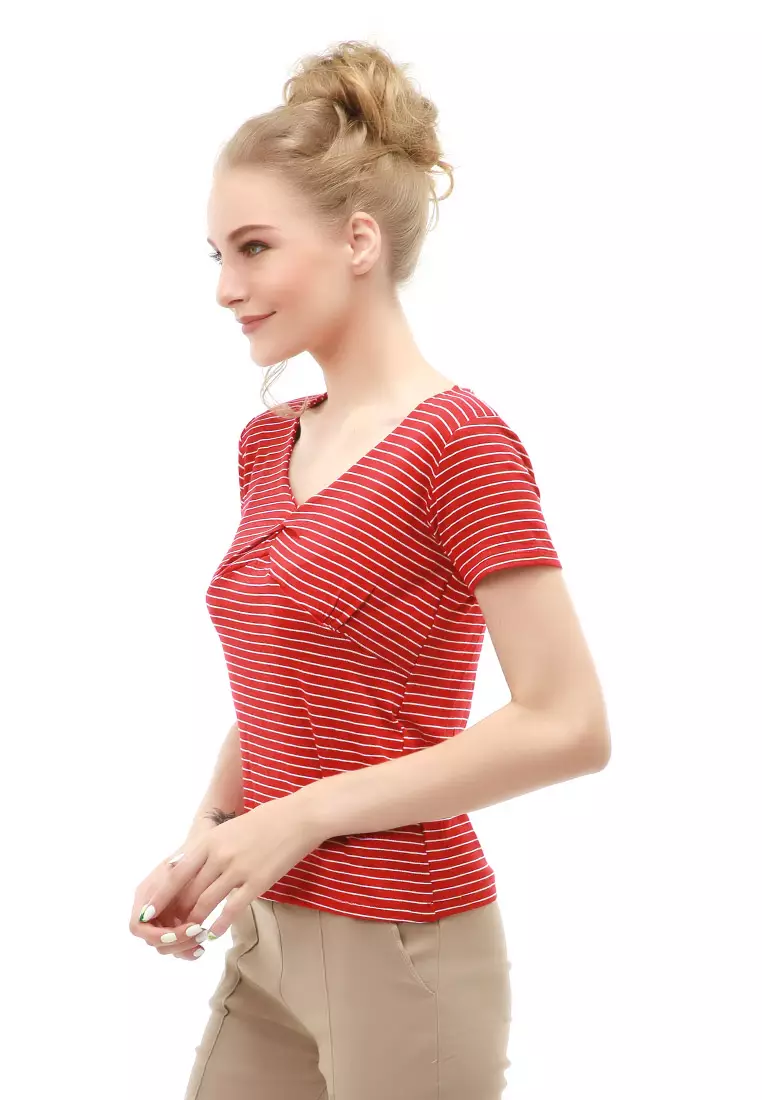 Genevie Blouse Kasual Wanita Lengan Pendek Model Salur Variasi Kerut Tengah Material Cotton ORIGINAL - Maroon