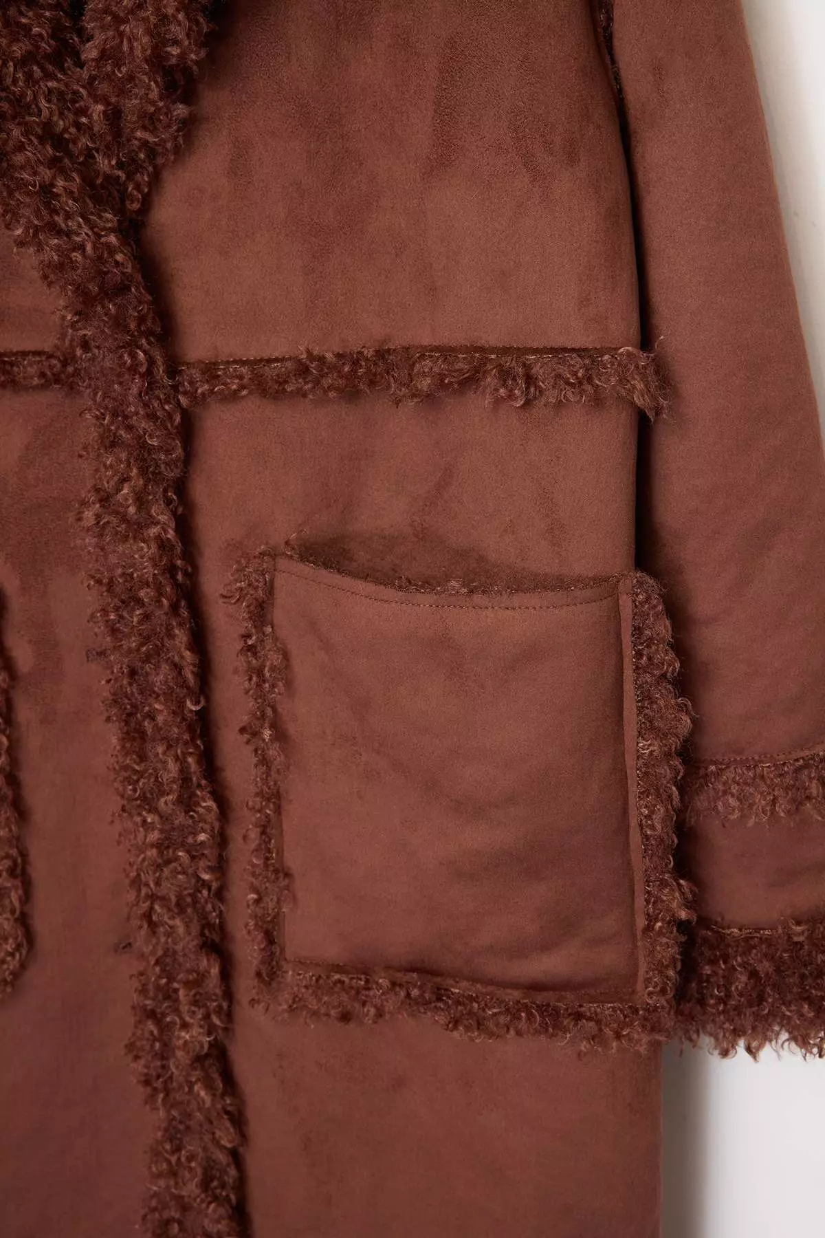 Brown Double-Sided Fur Mono Closure Oversize Long Suede Coat