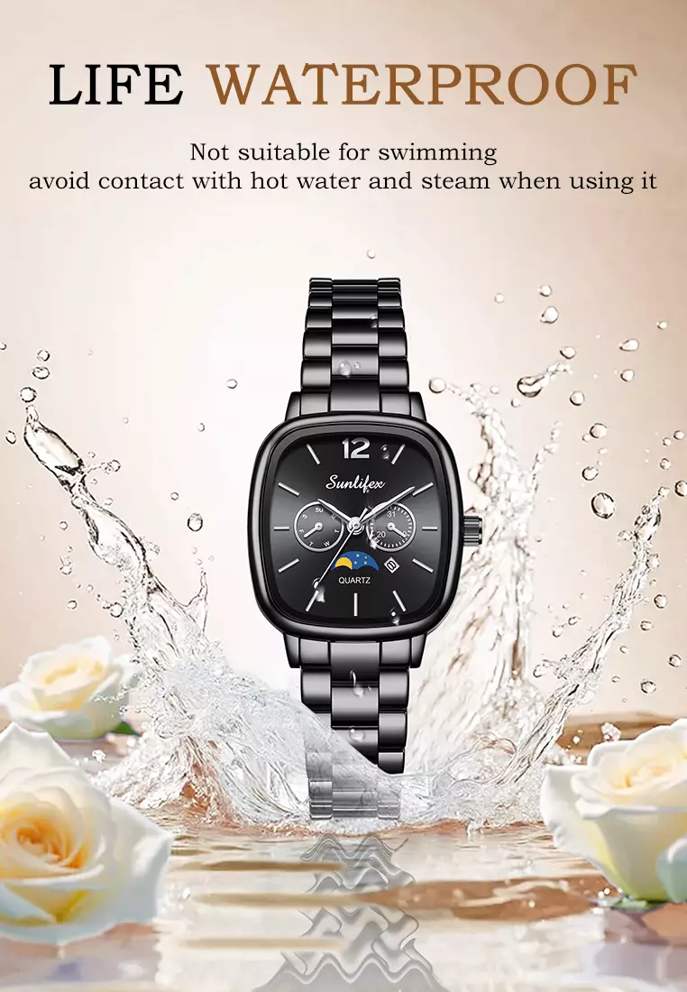 Jam Tangan Wanita Original Kalender Kasual Korean Style Tali Paduan Jam Tangan Cewek B006 allblack