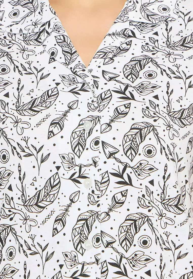 Clovia Printed Button Down Shirt & Pyjama Set in White - 100% Cotton