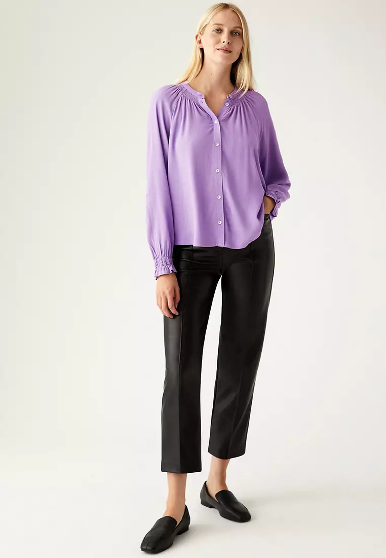 Round Neck Shirred Long Sleeve Blouse