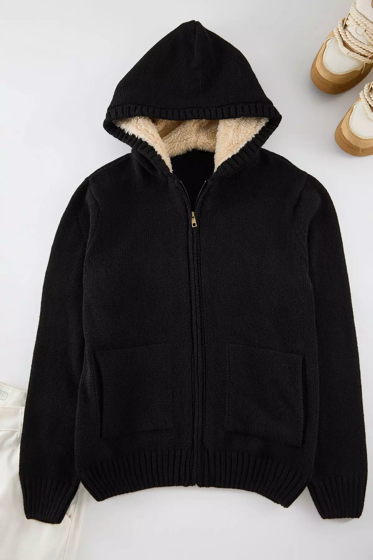 Black FL Men's Regular Hooded Plain Knitwear Cardigan TMNAW20HI0066