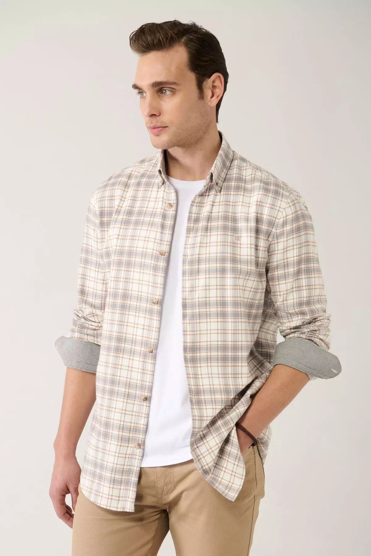 Men's Beige Button-Down Collar 100% Cotton Plaid Shirt A32Y2150