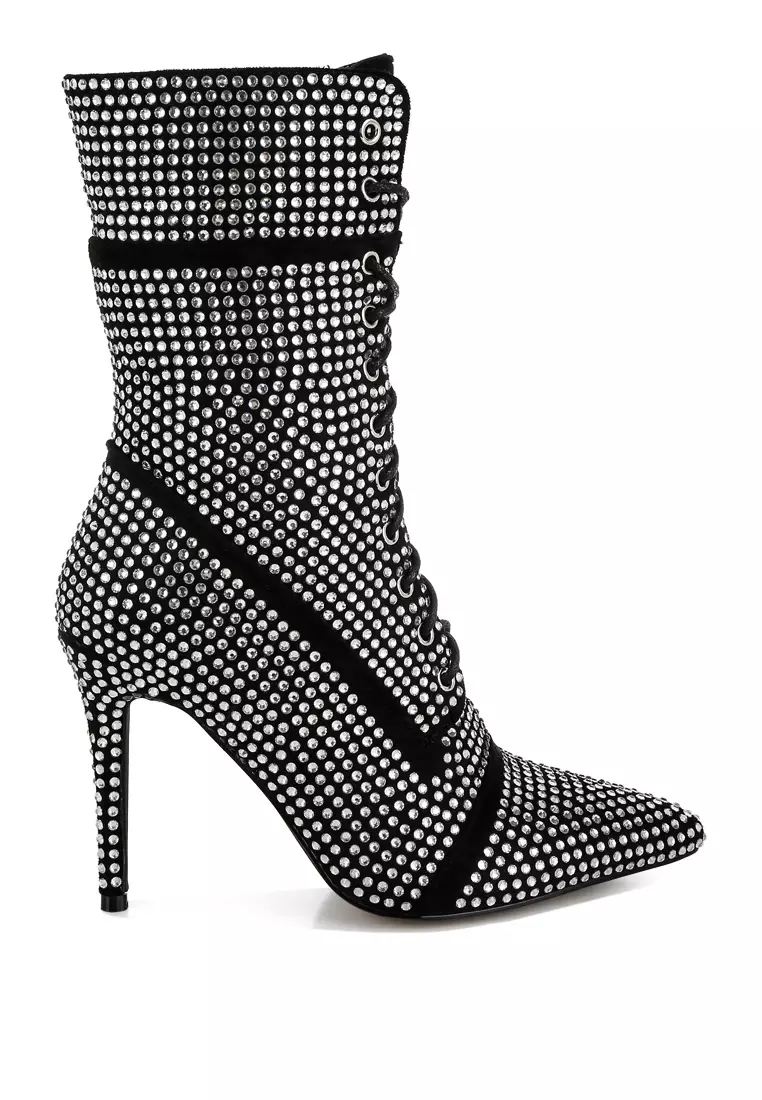 Discount on London Rag  shoes - SKU: Rhinestones Embellished Calf Boots in Black