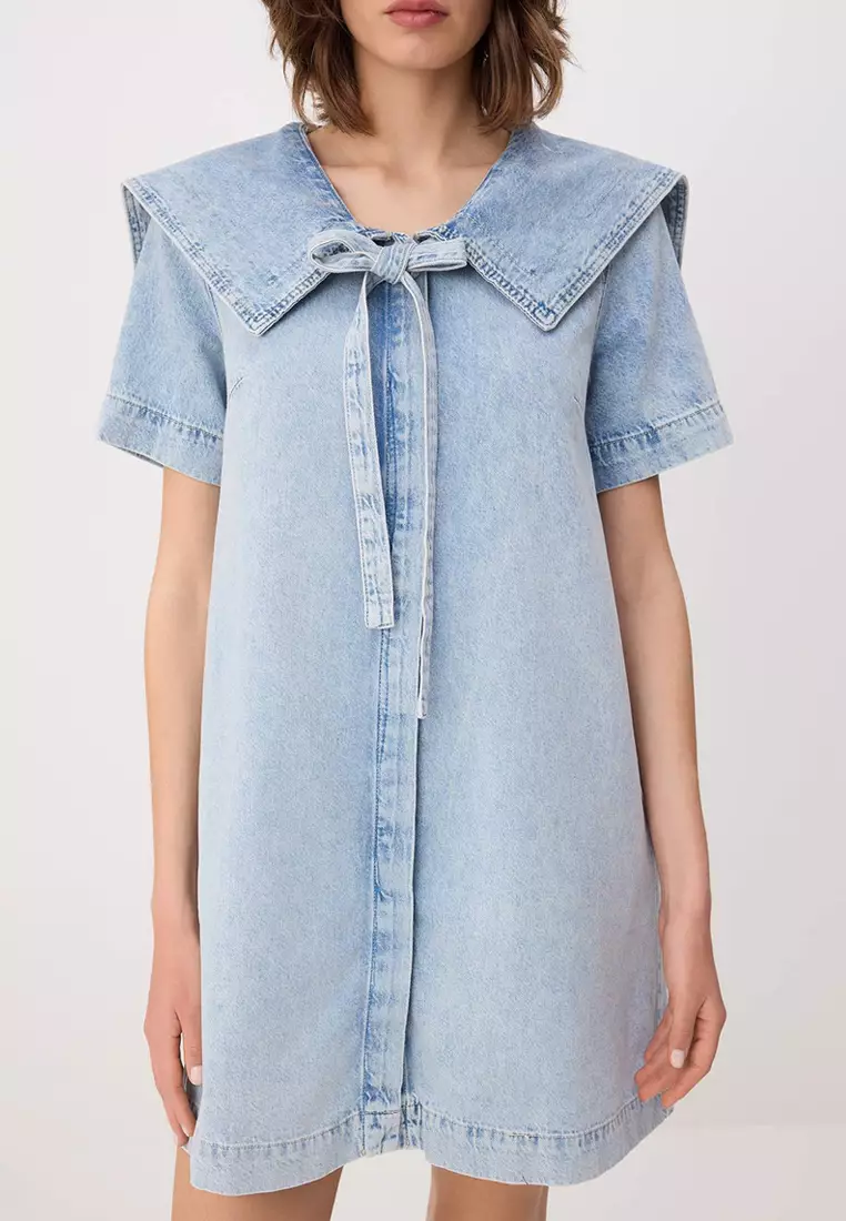 Light Blue Baby Collar Detailed 1% Cotton Mini Denim Dress Twoss26El41