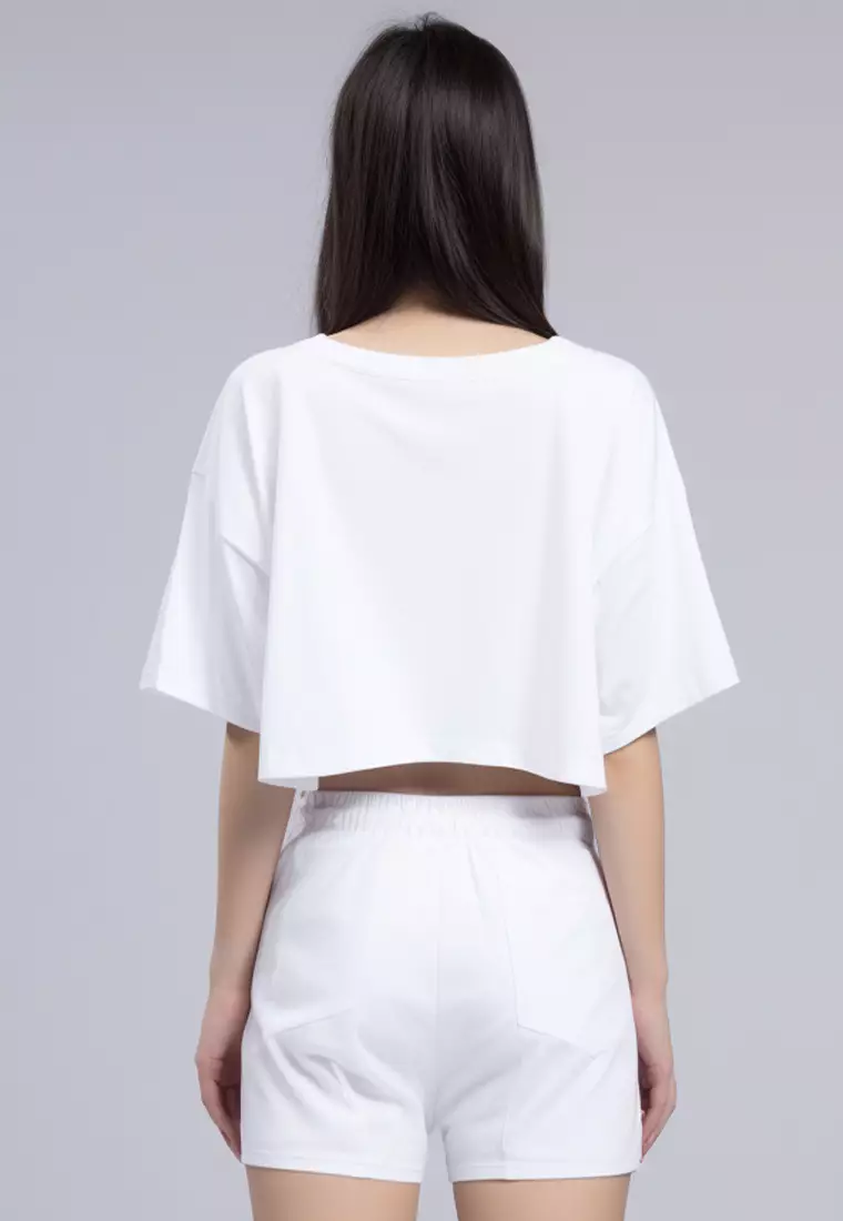 LTH05 Kaos Crop Top Wanita "cactus outline" OLC putih