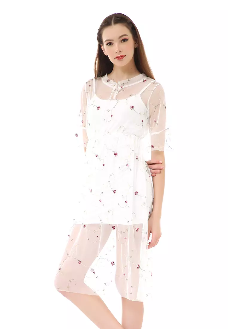 Rachel Midi Dress Wanita Lengan Pendek Koreaan Style Material Brukat ORIGINAL - White