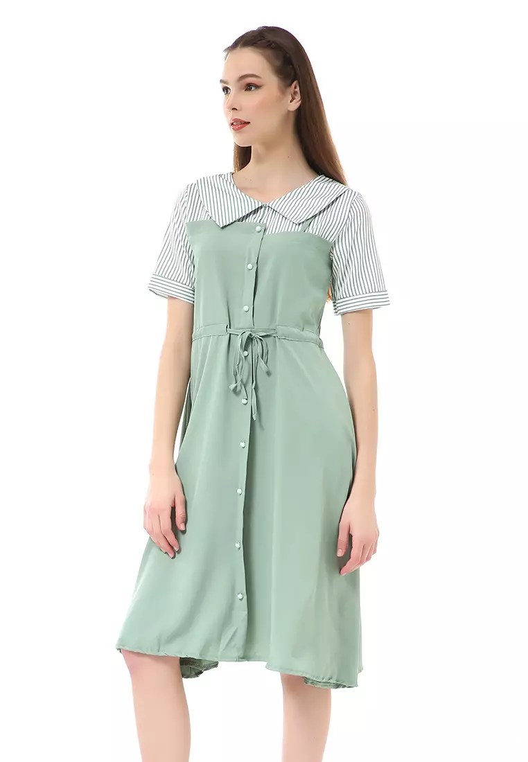 Rachel Midi Dress Wanita Lengan Pendek Vintage Design Tali Pinggang Material Cotton ORIGINAL - Green
