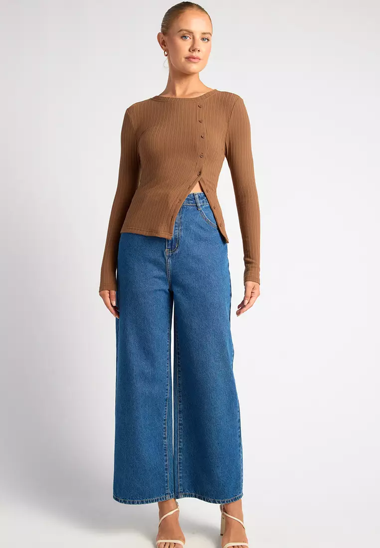 Asymmetric Button Up Long Sleeves Jersey Top