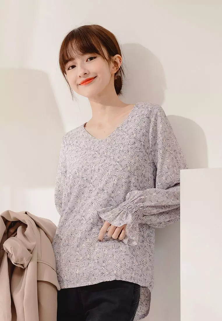 V領碎花傘襬荷葉袖雪紡上衣《AB16518》