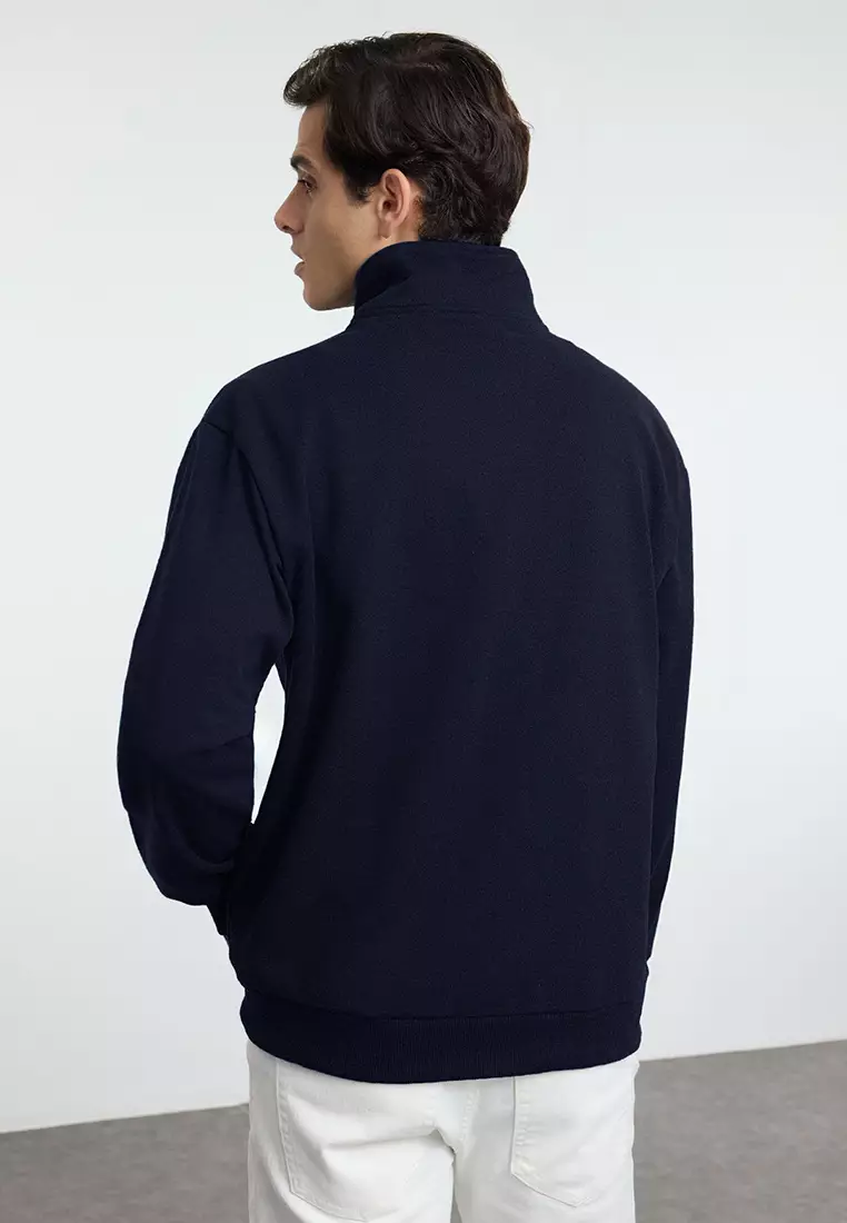 Navy Blue Oversize/Wide Cut Stand Collar Zippered Labeled Fleece Inside Sweatshirt TMNAW25SW00168