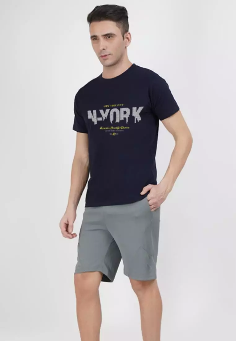 N-York Print Graphic Navy Blue Cotton Short Sleeve Crew Neck Relaxed Tee