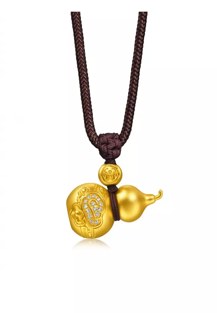 999.9 24K Pure Gold Cultural Blessings Diamond Gourd Necklace for Women 94547Z