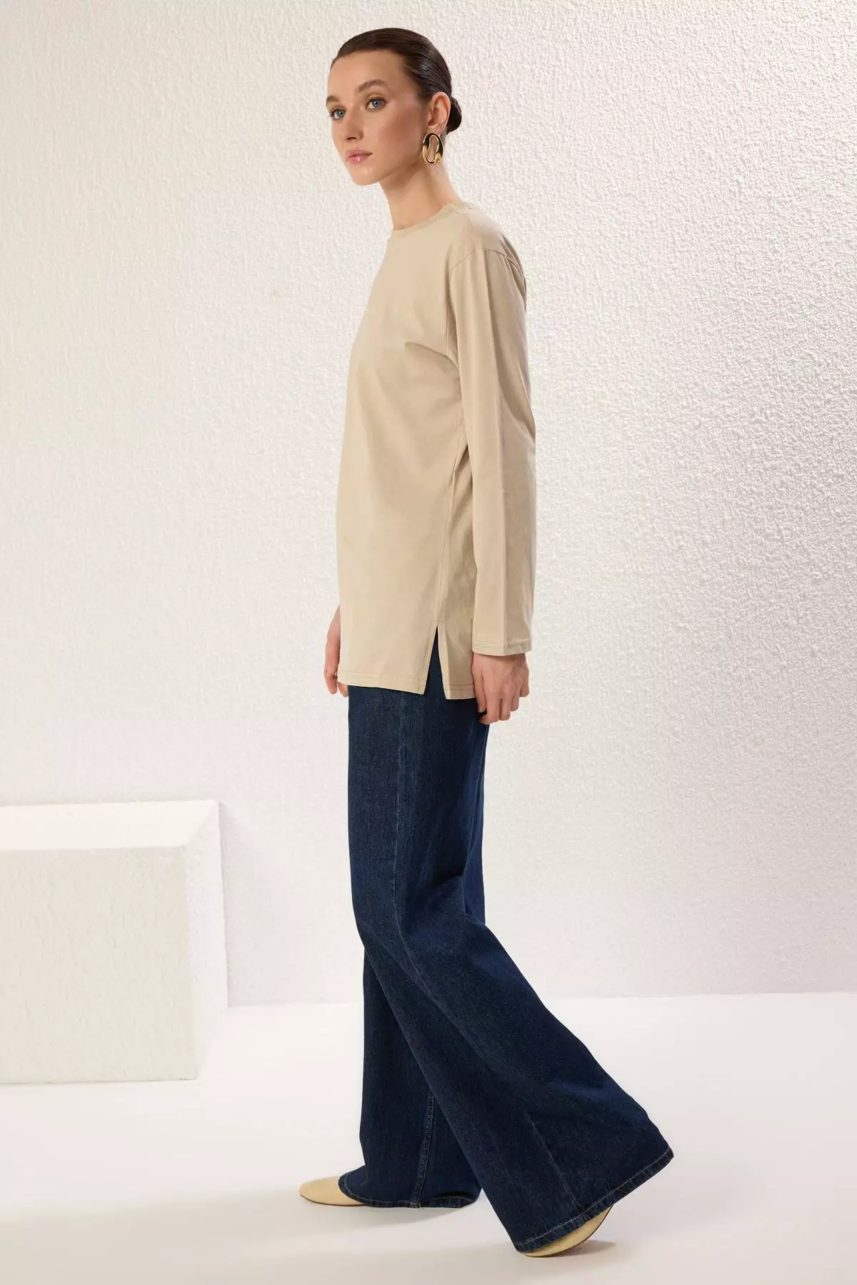 Tan Beige Long Sleeve Slit Detailed Knitted T-Shirt TCTSS25RT00000