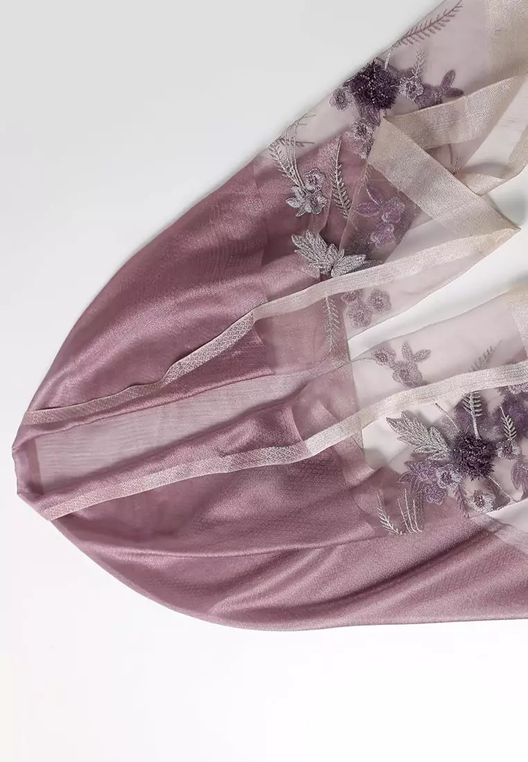 Aksesoris Wanita Golden Thread Embroidery Floral Beaded Silk Shawl Syal Sutra Wanita Bordir Lavender