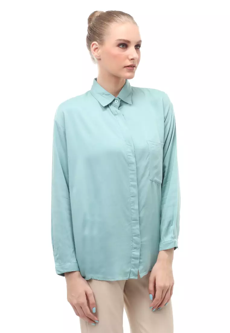 Dean Basic Shirt Lengan Panjang Atasan Wanita Front Button Opening Relaxed Fit - Tosca