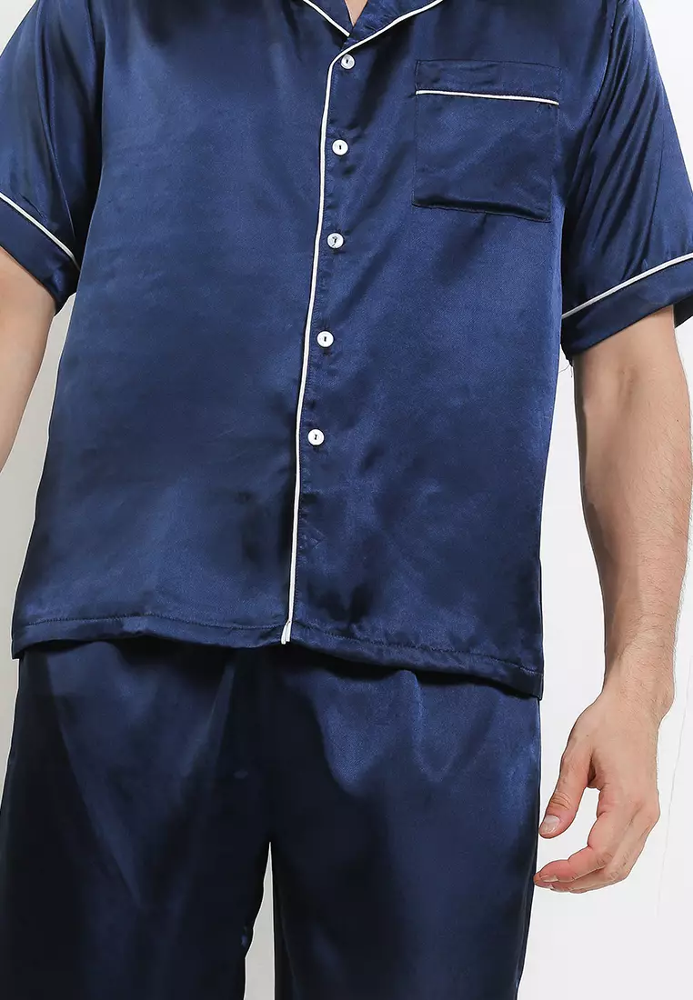 Pyjama Pijama Baju Tidur Satin Silk Short Sleeve Long Pants Mens Sleepwear