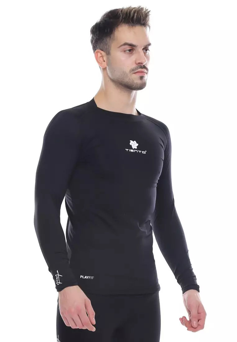 Tiento Man Baselayer Baju Ketat Manset Olahraga Pria Long Sleeve Black White Rashguard Sport Original