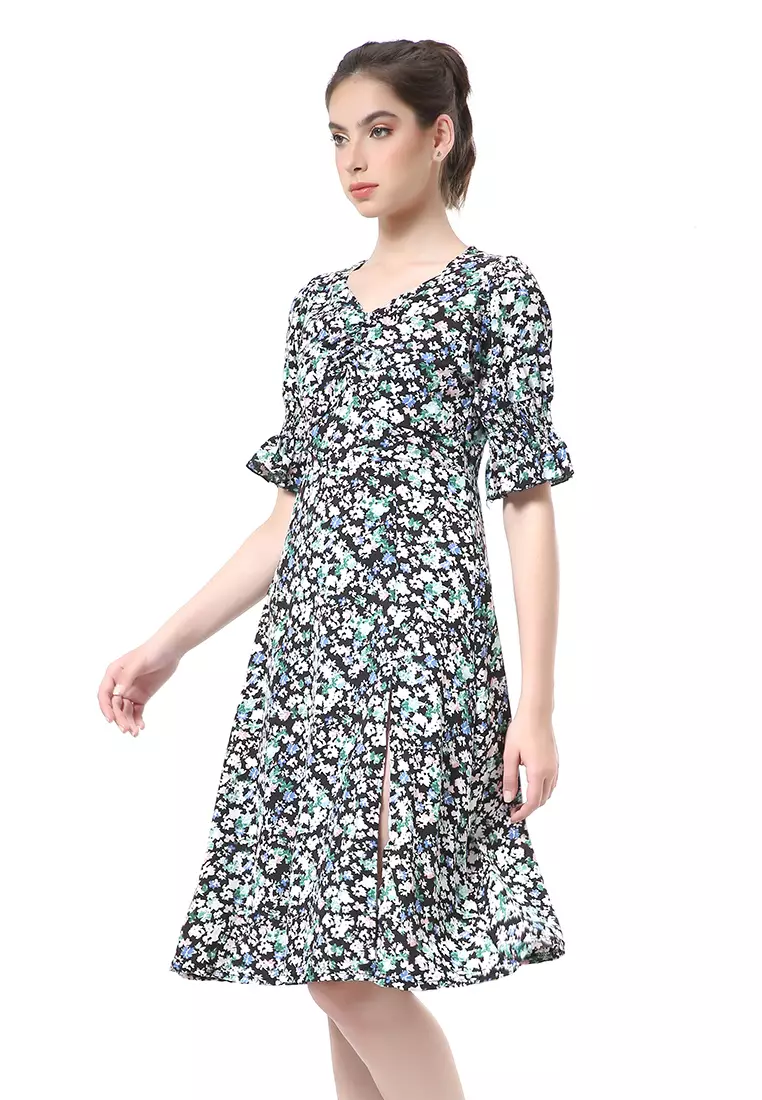 Rachel Long Dress Wanita Model Belah Samping Flower Motive Short Sleeve Material Cotton ORIGINAL - Multicolor