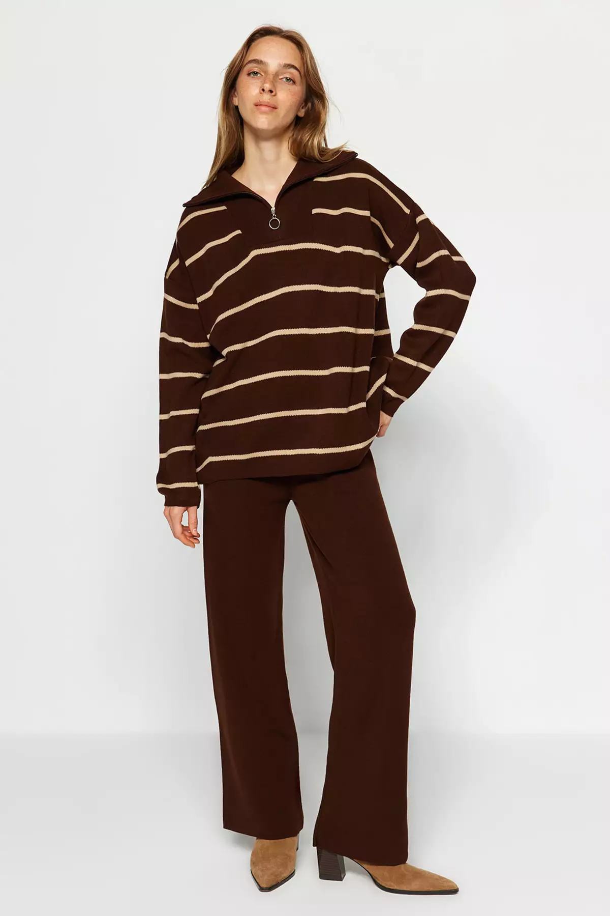 Half Zipper Knitted Top and Bottom Set