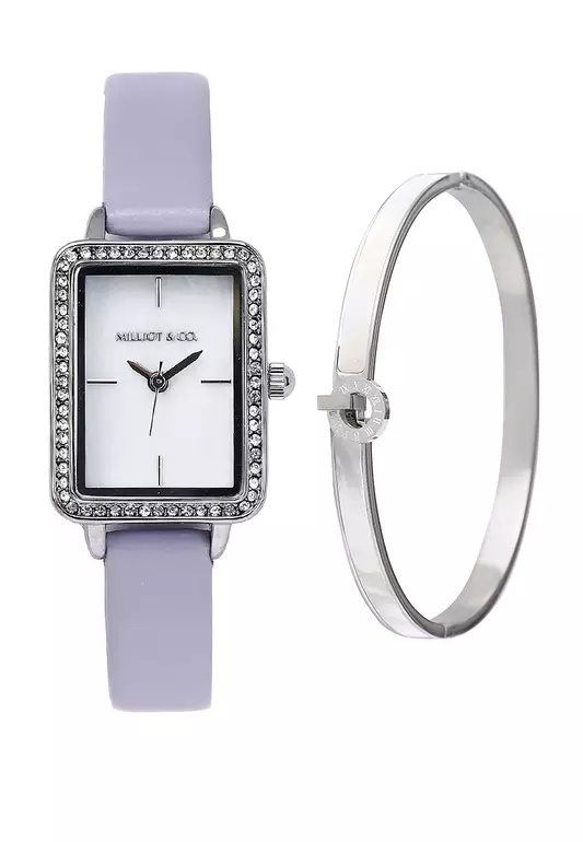 Shirley Silver Leather Watch with Bangle Set