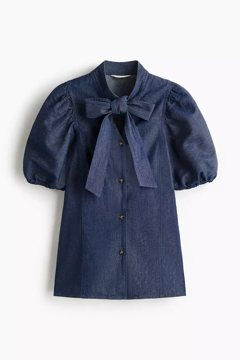 Tie-neck denim blouse