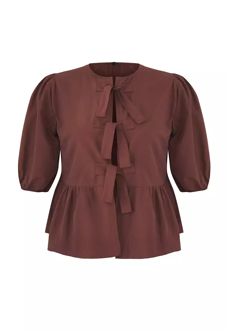 Brown Bow Woven Plus Size Blouse