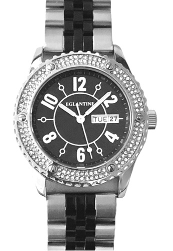 EGLANTINE 黑色 and 銀色 EGLANTINE® Vanessa 女士精​​鋼石英腕錶，黑色錶盤，表圈舖有水晶，精鋼和 IP 黑色錶鍊 65AD7ACCFD24EDGS_1