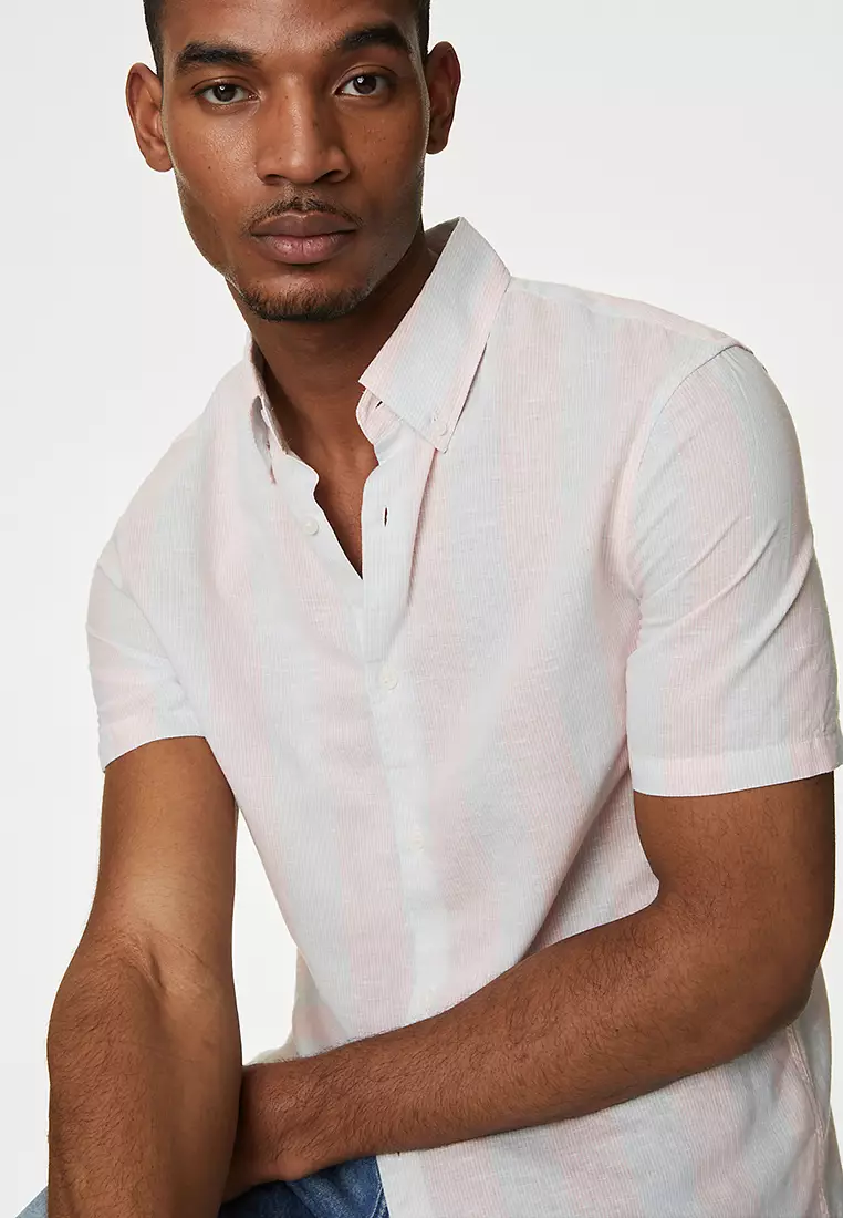 Easy Iron Cotton Linen Blend Striped Shirt