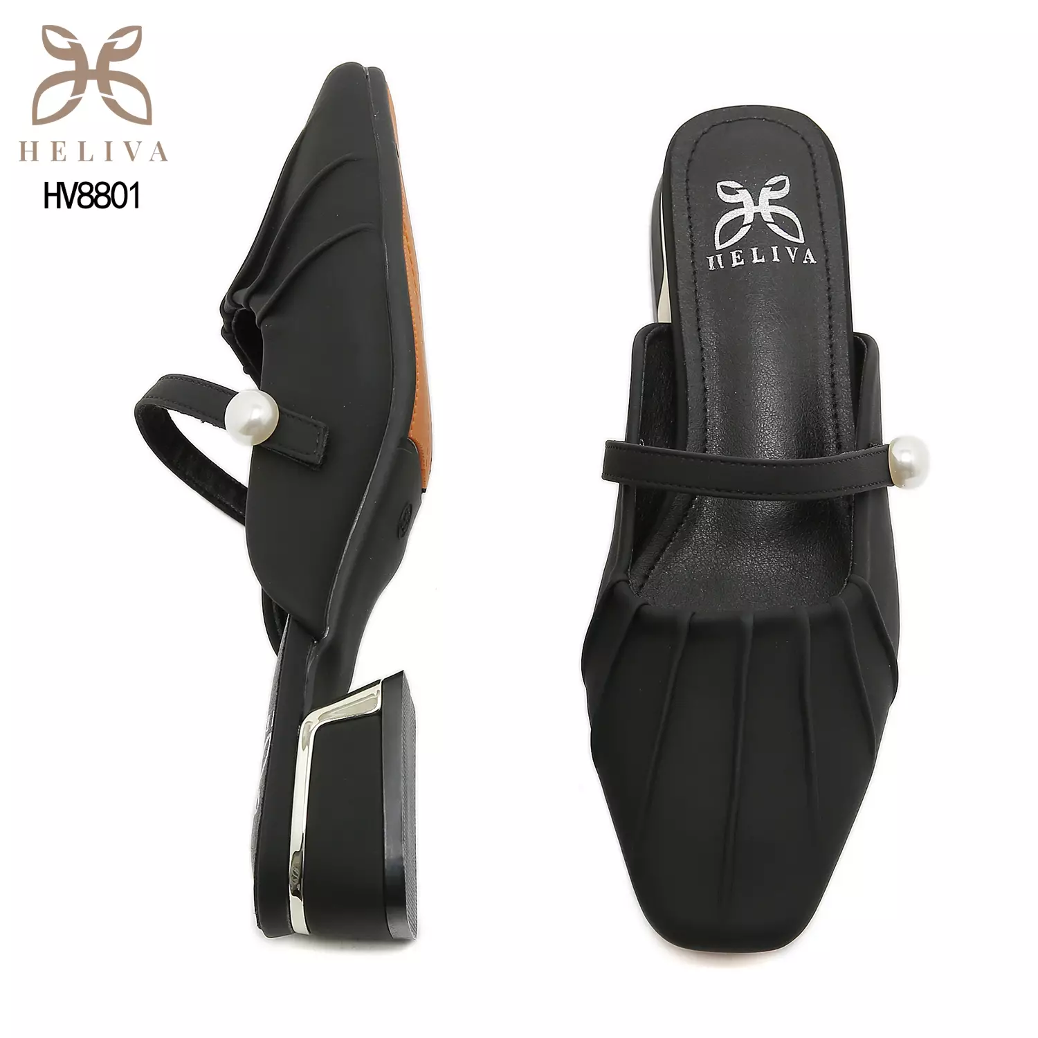 Heliva Aurel Classic Pleated Mules with Minimalist Strap and Statement Pearl Charm HV8801