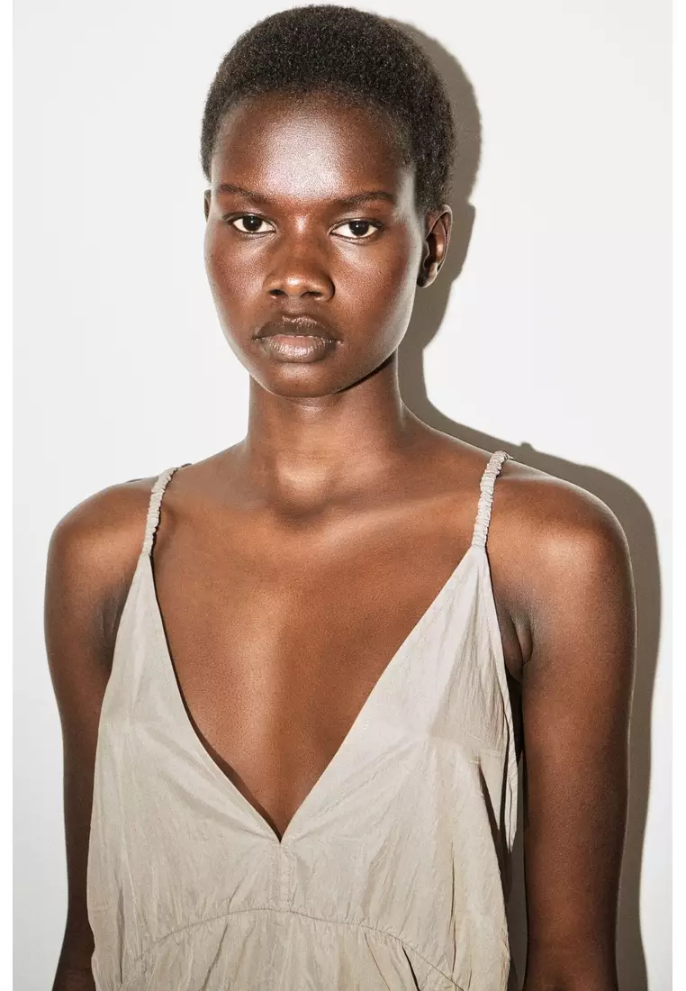GATHERED SILK-NYLON SLIP DRESS