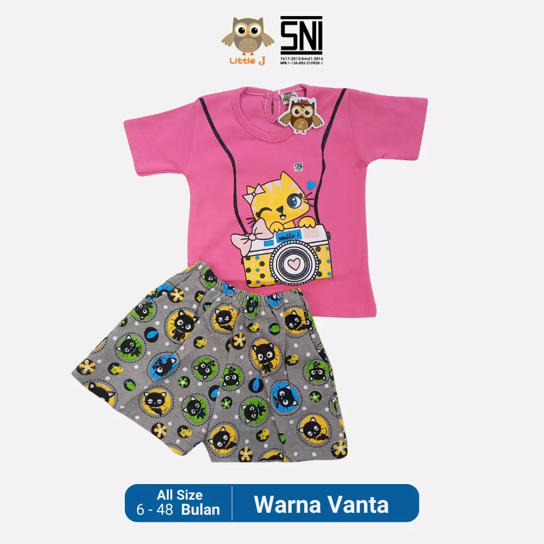 Little J Setelan Baju Anak Cewek Oblong Lengan Pendek Kaos Polos Set Celana Motif Usia 6 Bulan Hingga 48 Bulan
