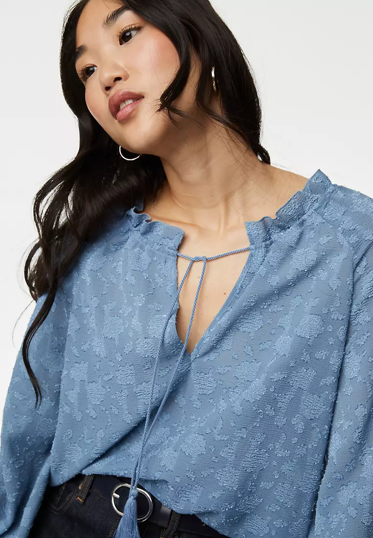 Jacquard Tie Neck Popover Blouse
