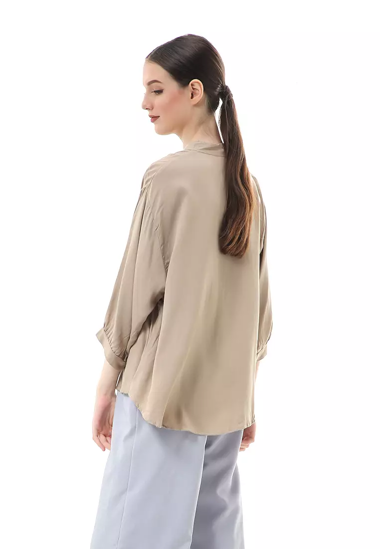 Ghita Kemeja Atasan Wanita Motif Polos Long Sleeve High Quality - Khaki
