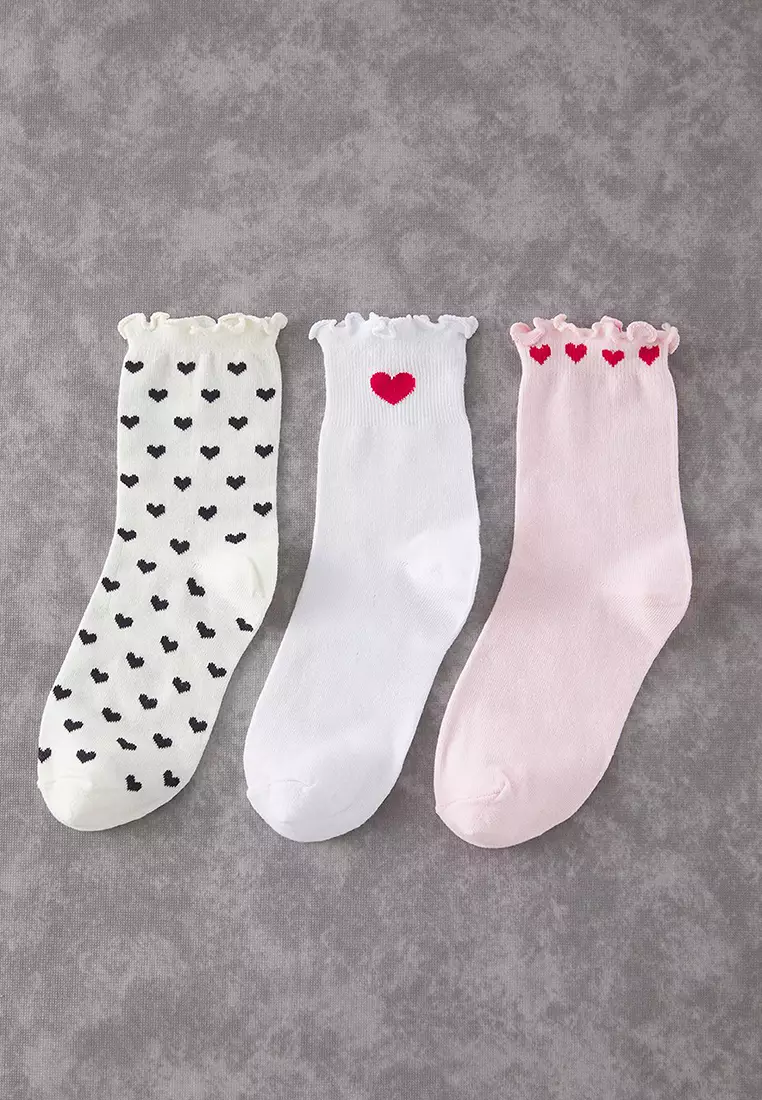 Multi-Colored 3-Pack Cotton Heart Jacquard Knitted Socks Thmss25Co00003