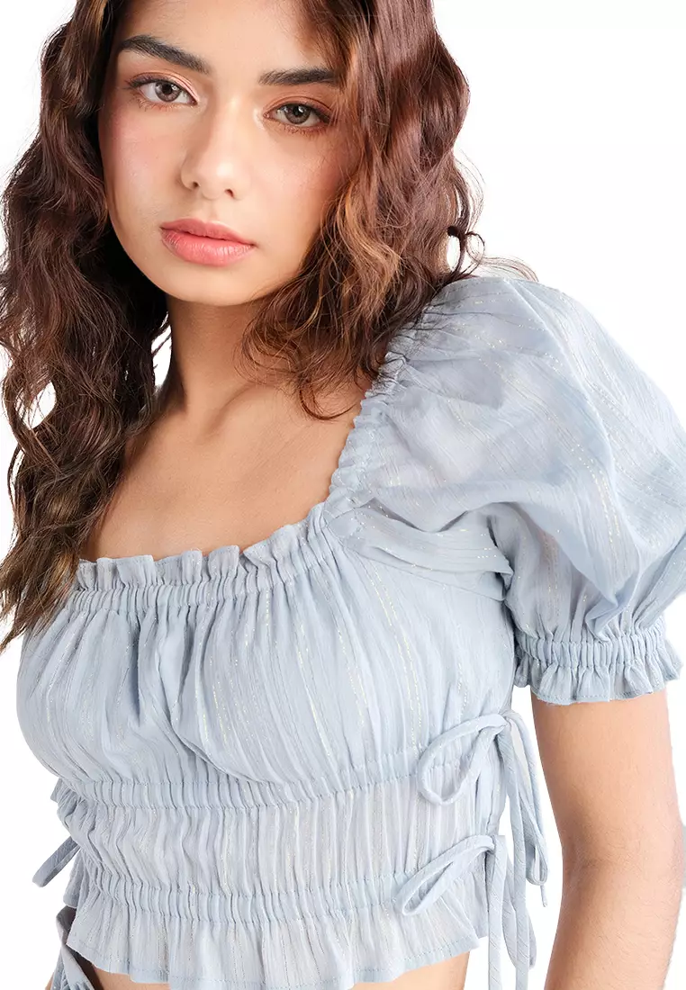 Puff Sleeves Top With Side Ribbons