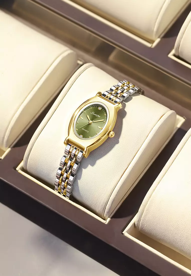 Jam Tangan Wanita Original Oval Korea Elegan Vintage Kuarsa Tali Alloy Jam Tangan CewekA008 gold green