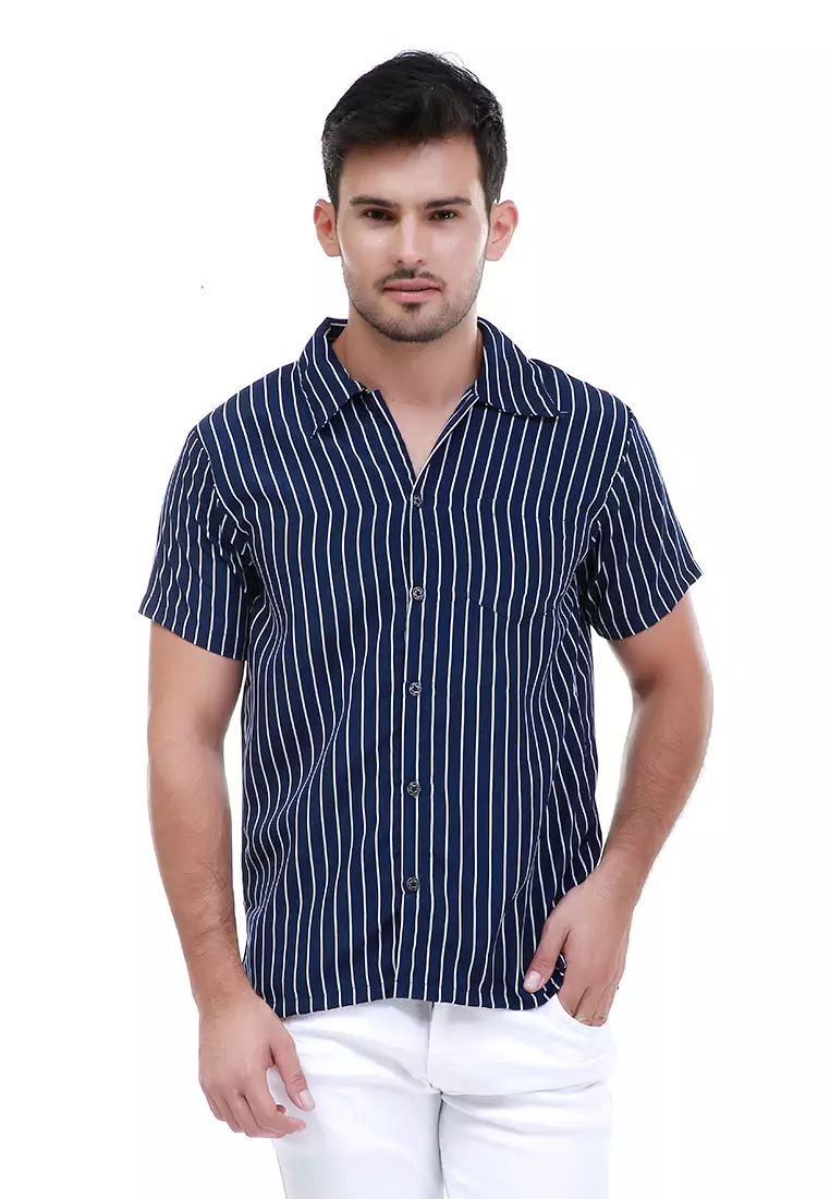 Dwan Atasan Kemeja Pria Vertical Lines Casual Shortsleeve Shirt Material Cotton ORIGINAL - Navy