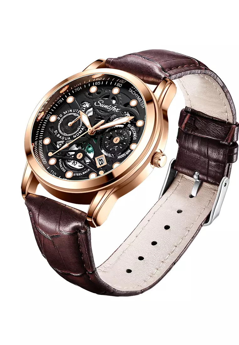 Jam Tangan Pria Dial Berongga Anti Air Kuarsa Tali Kulit Jam Pria Original Santai Mode Jam Tangan Cowok 7001 brown