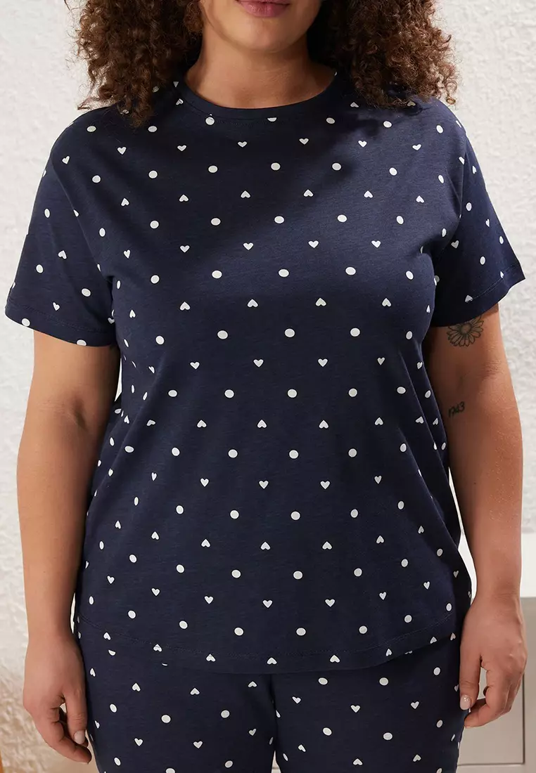 Navy Blue Heart Patterned Knitted Pajama Set TBBSS25AI00023