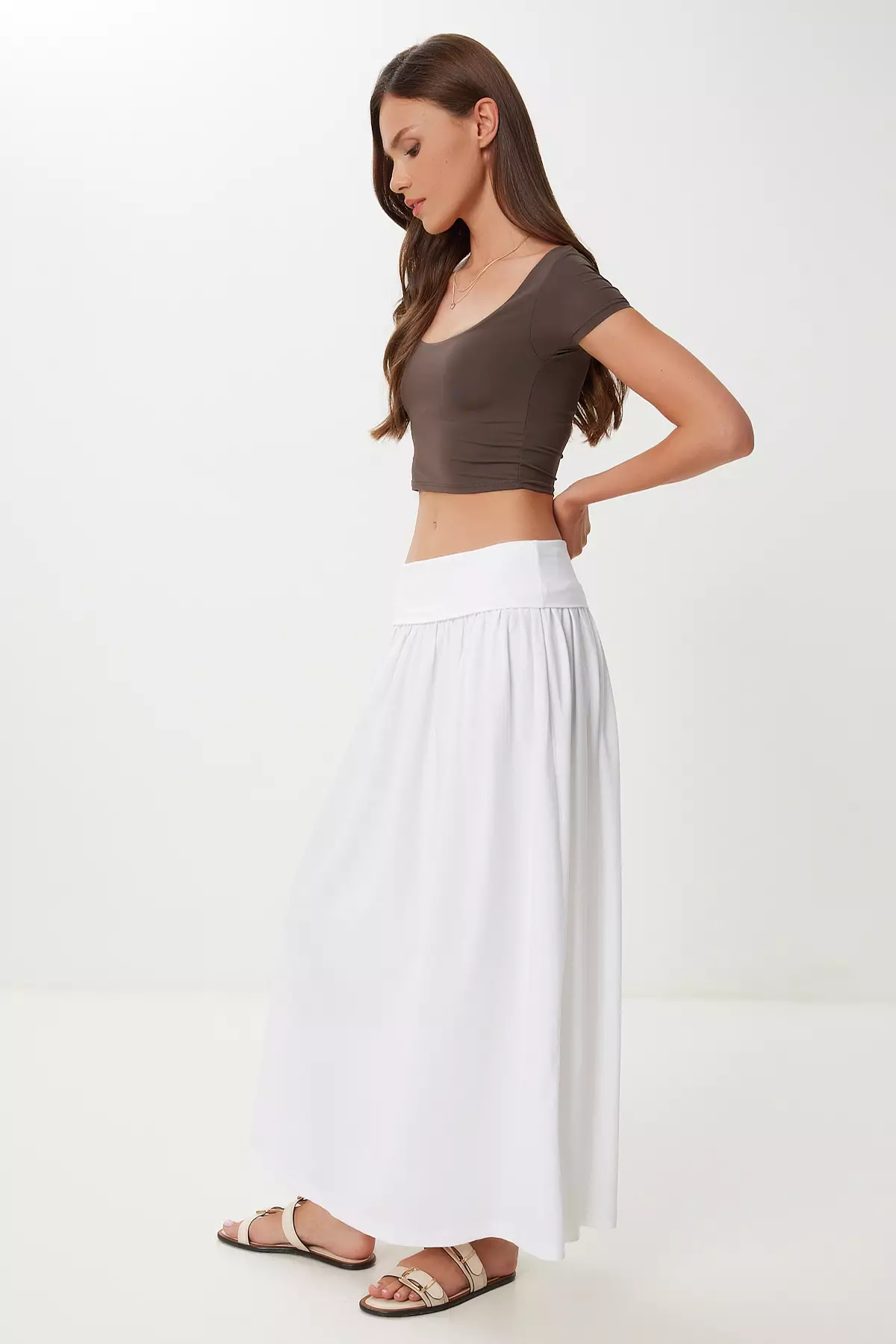 Women's Ecru Long Summer Flexible Knitted Skirt Cr00519