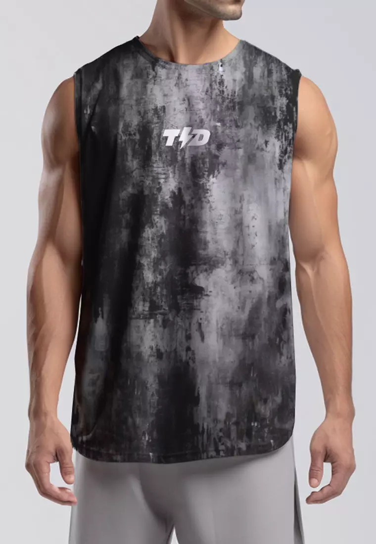 MSA85 Kaos Tank Kutung Olahraga Pria Vtank "grunge wall" hitam abu airdrylite