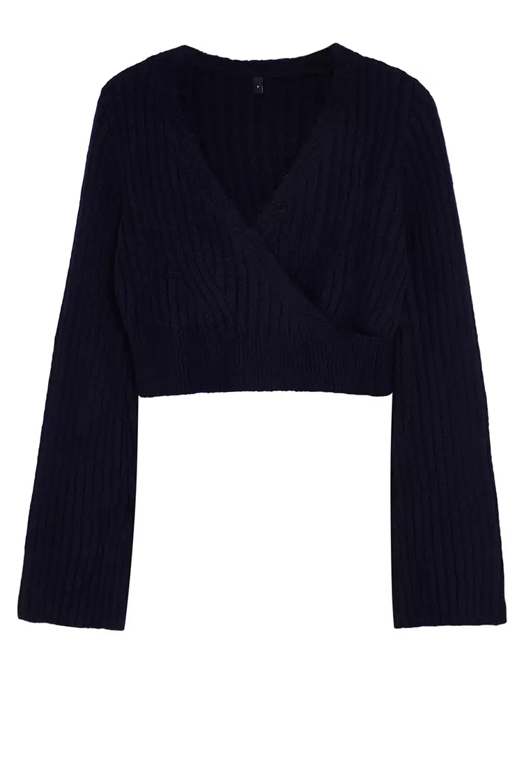 Navy Blue Crop Soft Textured Double Breasted Knitwear Sweater TWOAW24KZ00381