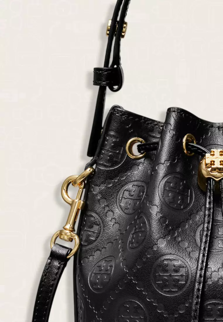 Tory Burch T Monogram Leather Mini Bucket Bag Black