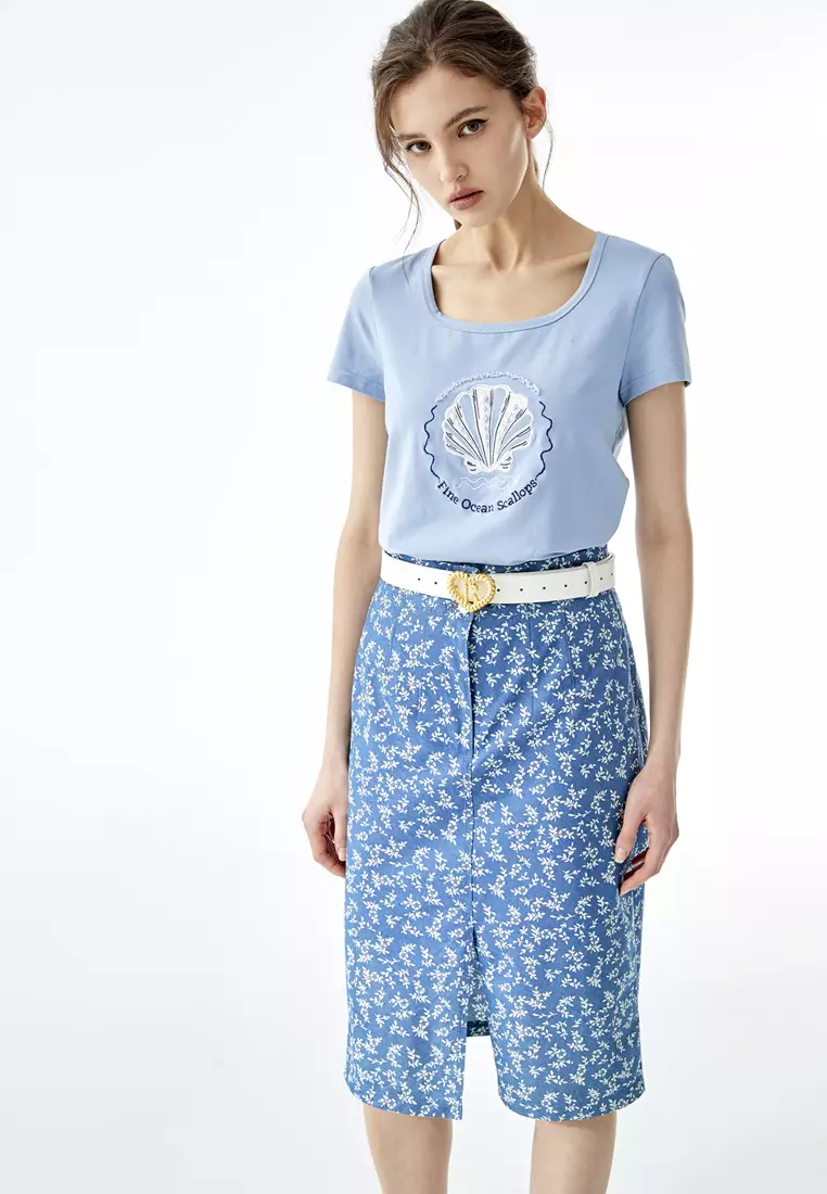 Coral Reef Print Front Slit Skirt