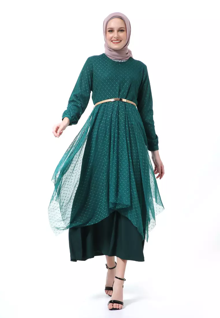 Zahwa Long Dress Gamis Muslimah Long Sleeve Free Belt High Quality - Deep Green