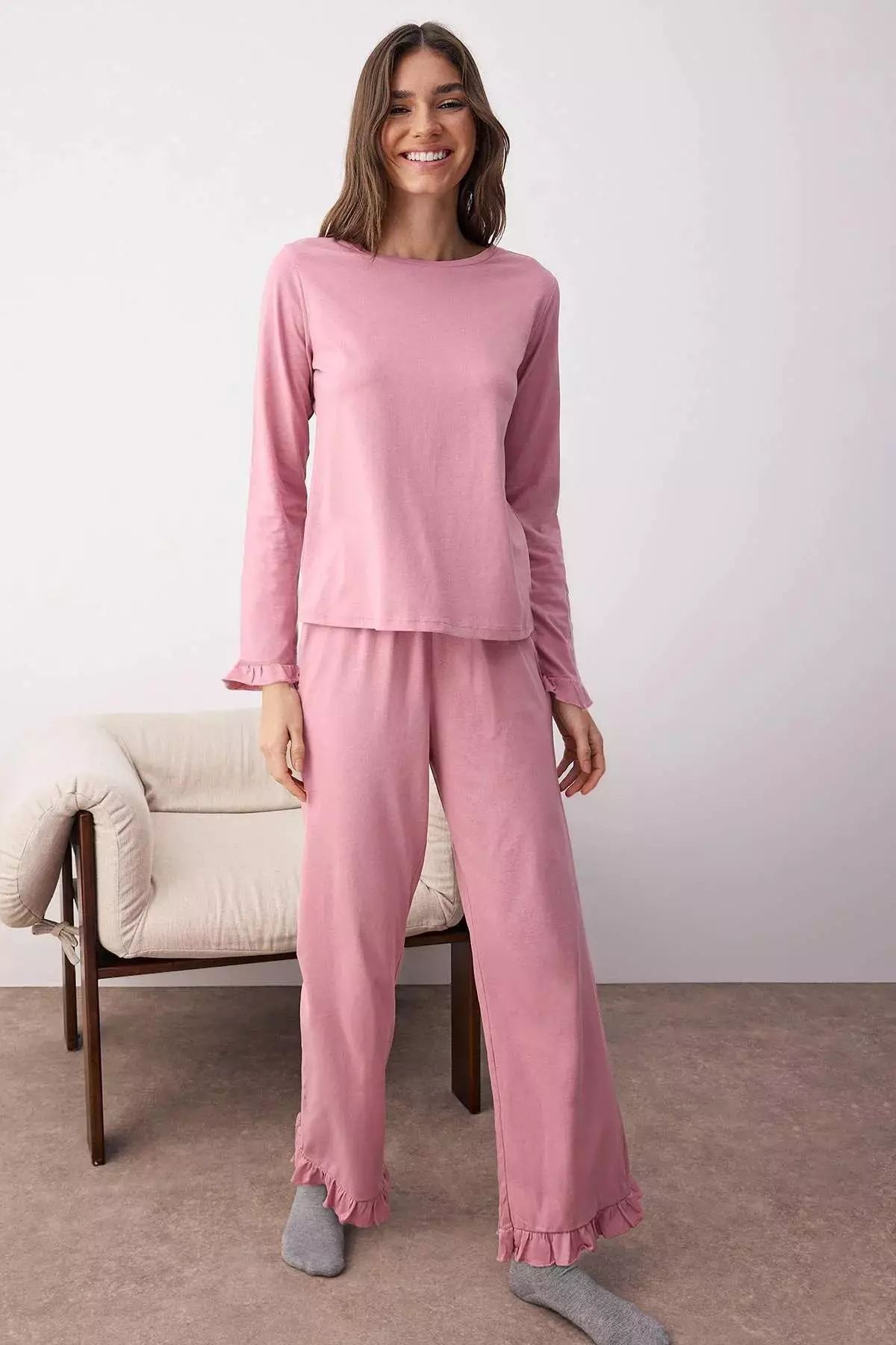 Dusty Rose 100% Cotton Ruffle Knitted Pajama Set Thmaw26Pt00057
