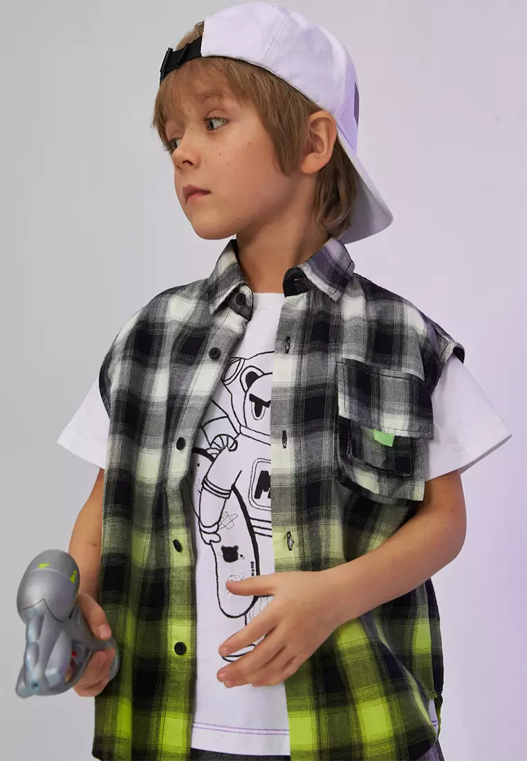 儿童格子衬衫无袖男童潮款春款女童衬衣上衣韩版